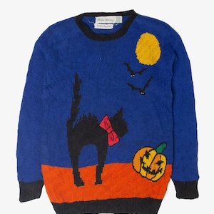 Vintage Hand Knit Black Cat Halloween Sweater (1990s)