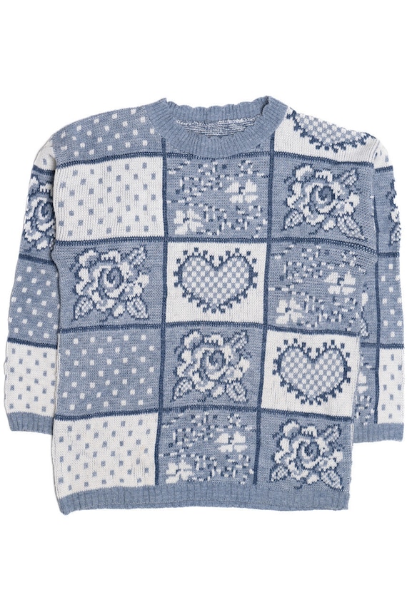 Vintage Heart & Rose Grid 80s Sweater - image 1