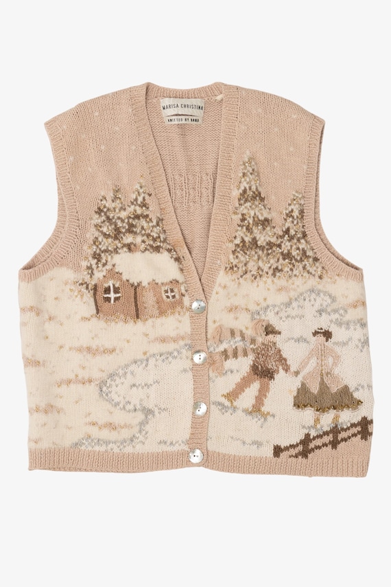 Vintage Hand Knit Beige Marisa Christina Landscape Ugly Christmas Vest (1990s)