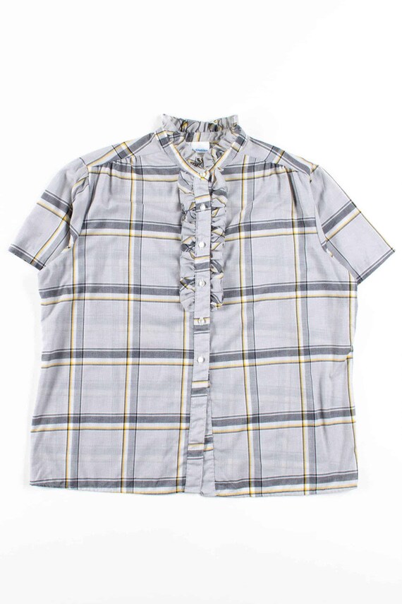 Grey Plaid Ruffle Trim Button Up Blouse - image 2