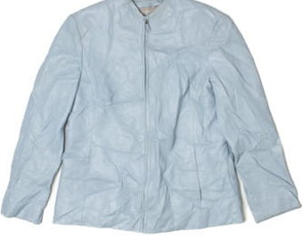 May include: A light blue leather jacket with a zipper closure.