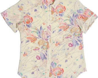 Vintage Floral Semi-Sheer Short Sleeve Button Up Blouse