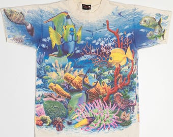 Vintage "Rädda våra rev" t-shirt med heltäckande tryck och korallrev (1990-talet)