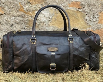 Handmade Black Leather Duffel Bag: 24" Travel Holdall