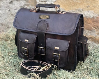 Black Leather Messenger Bag: Unisex Bull Hide Laptop Briefcase