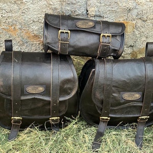 Goat Leather Motorcycle Saddlebags: Black Panniers, Set of Three