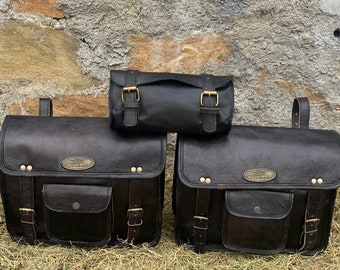 Black Leather Motorcycle Saddlebag Set: Pannier Pouch Bags