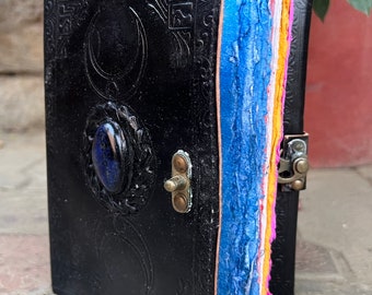 Triple Moon Leather Journal: Embossed Stone Diary, Colorful Paper