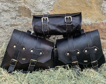 Leather Saddlebags Motorcycle Pouch Black three Bags Panniers Saddle Bags For Sportscasters set of three bags