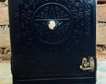 Handmade Black Leather Pentacle Journal: Book of Shadows with White Stone