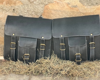 Vintage Black Leather Motorcycle Saddle Bag Panniers - Set of Two