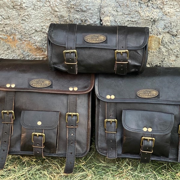 Leather Motorcycle Saddlebags: Pannier Set with Pouch