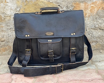 Handmade 18" Leather Messenger Bag: Black Laptop Briefcase