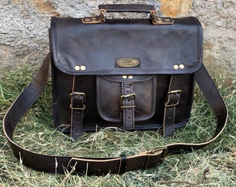 Goat Leather Messenger Bag: Black Crossbody Laptop Satchel