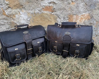 Goat Hide Leather Motorcycle Saddle Bags: Black Panniers, Messenger Bags (Set of 2)