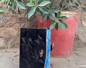 Embossed Double Dragon Leather Journal: Handmade Colorful Paper Sketchbook