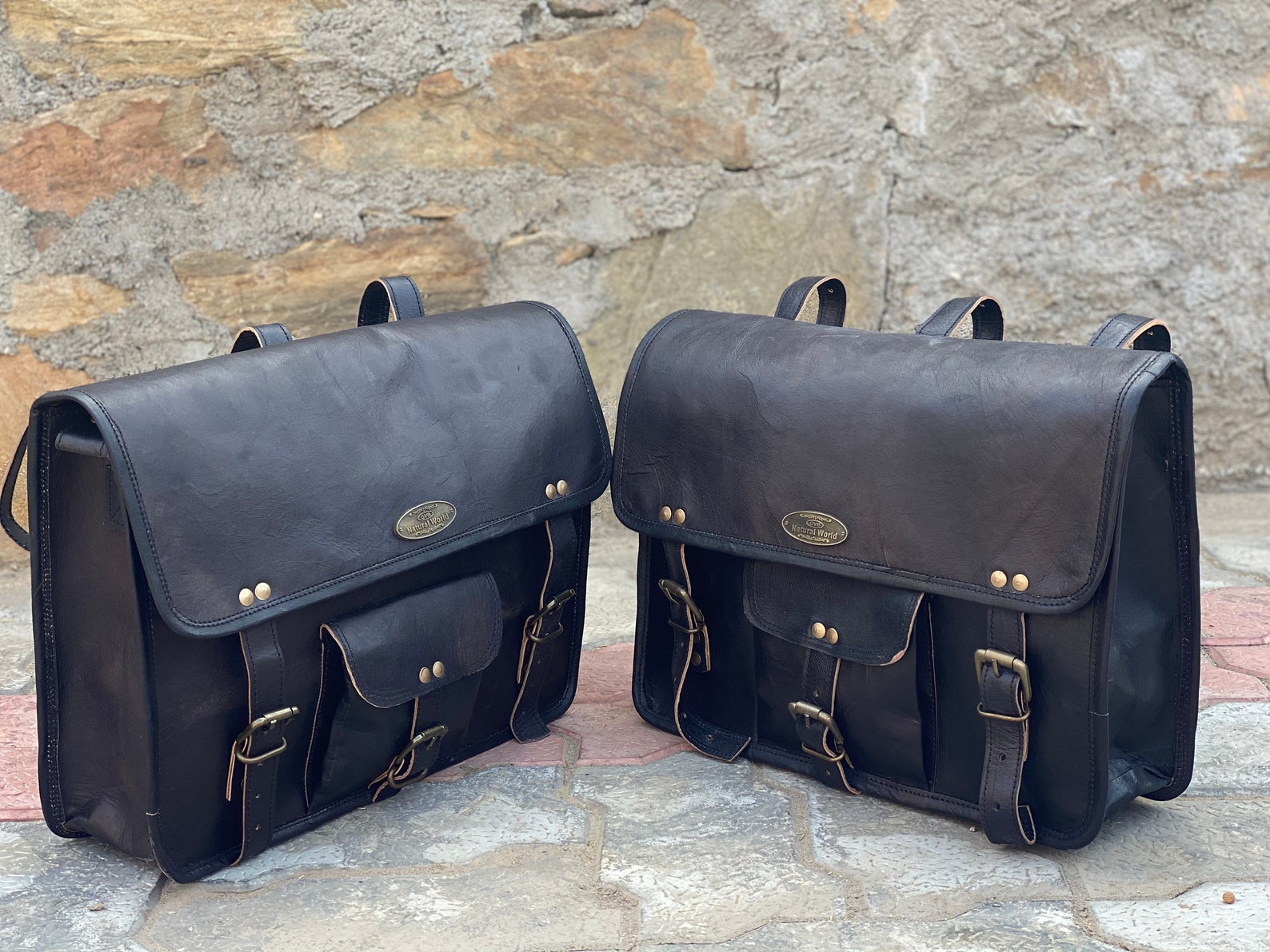 Leather Saddlebags Motorcycle Pouch Black Two Bags Panniers - Etsy