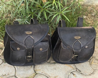 Handmade Goat Leather Motorcycle Saddle Bag Panniers: Brown, Two-Sided
