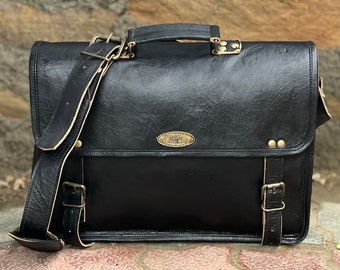 Goat Leather Messenger Bag: Black Laptop Satchel, Brass Accents