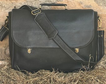 Distressed Buffalo Leather Messenger Bag: Men's Black Laptop Bag
