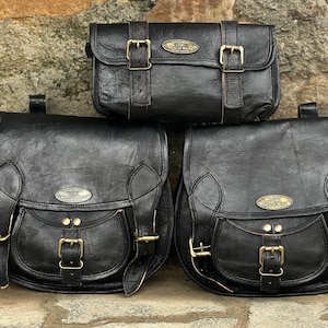 Leather Saddlebags Motorcycle Bag pouch Black Set Three Bags Panniers Saddle Bags For Sportscasters Set Of Three Bags