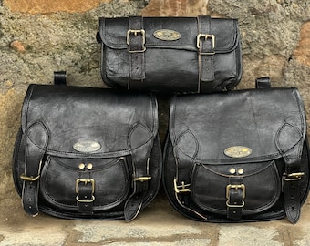 Leather Motorcycle Saddlebags: Black Panniers, Set of Three