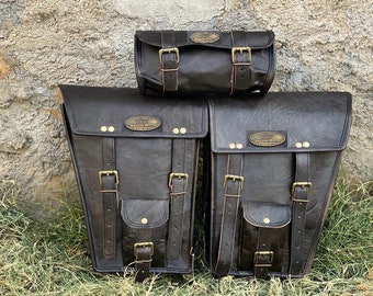 Goat Leather Motorcycle Saddlebags: Black Panniers, Set of Three
