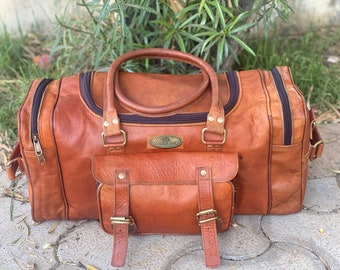 Handmade Leather Duffel Bag: 20-inch Brown Weekender Travel Bag