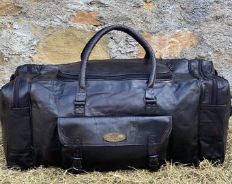 Black Leather Duffel Bag: Handmade Travel Gym Bag (30x10x10 inches)