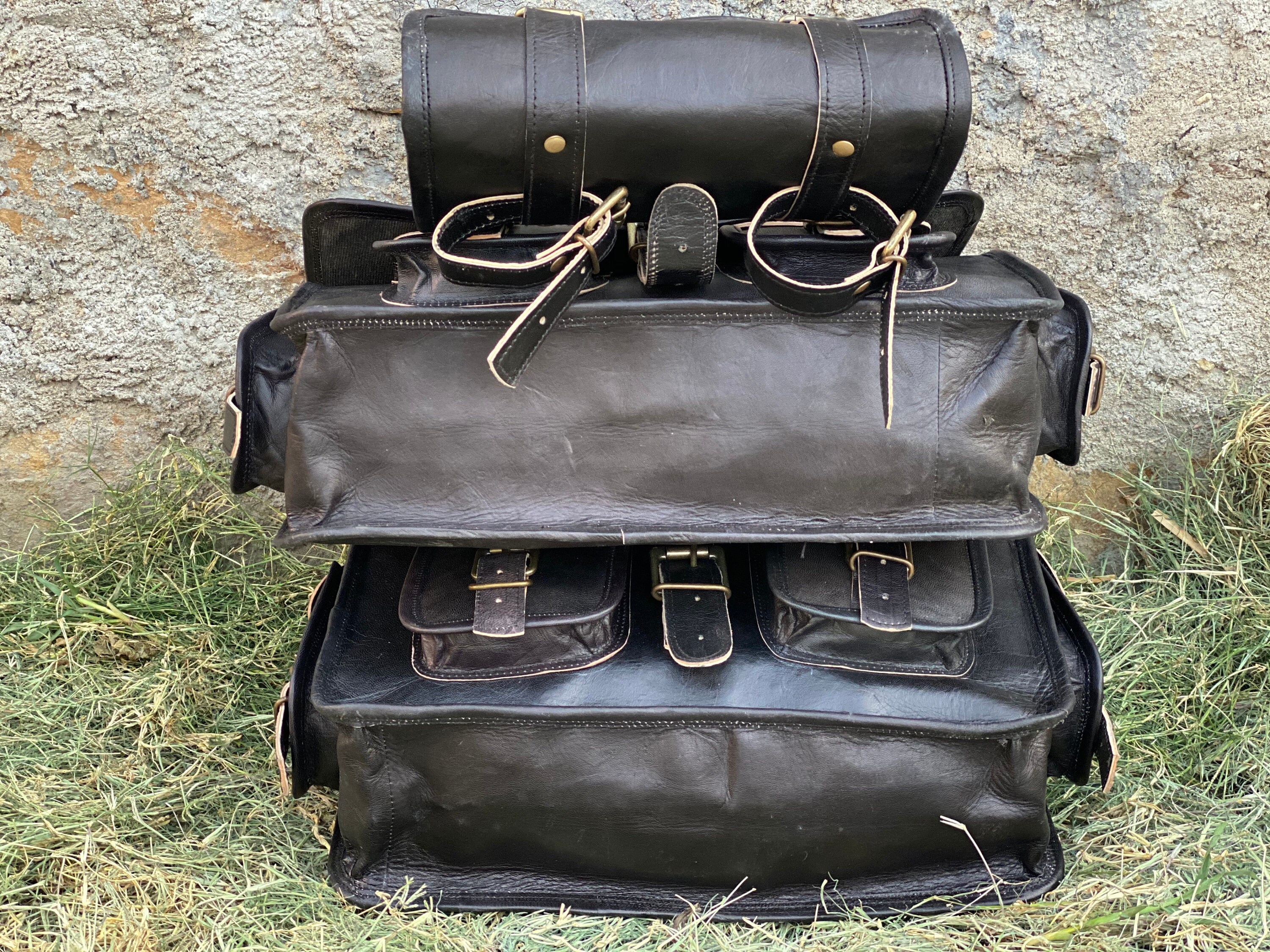 Black Leather Motorcycle Messenger Bag Set With Tool Pouch - Etsy