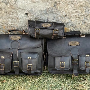 Leder Messenger Bull Hide Motorrad Schwarz Leder mit kleiner Werkzeugtasche Packtaschen Satteltaschen Sporttasche Set mit drei Taschen