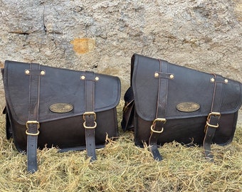 Leather Motorcycle Saddle Bag Set: Black Bike Side Bags, Fork Pouch