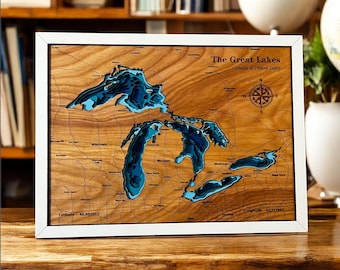 Große Seen Karte, Topographische Kunst, Große Seen Tiefe Karte, See Wandkunst, Lake House Decor, Geschenk für Reisende & Naturliebhaber