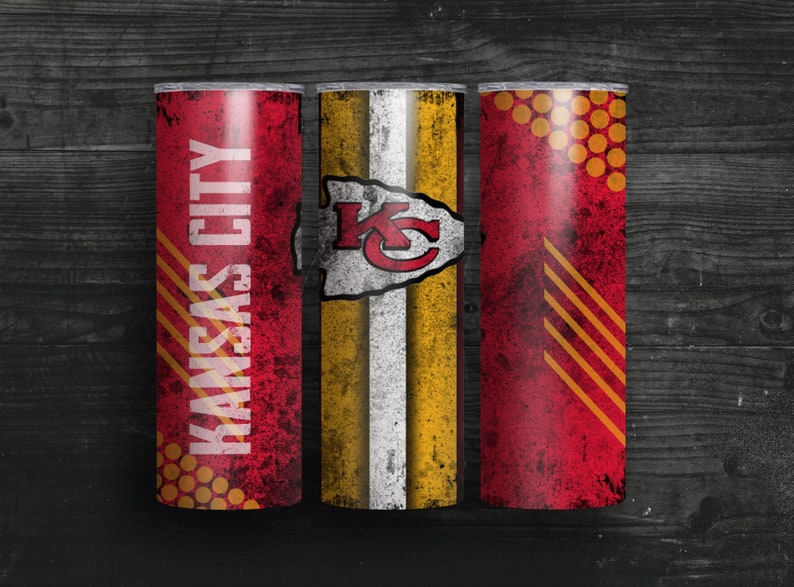 May include: Three stainless steel tumblers with a distressed red, white, and gold design. The tumblers feature the Kansas City Chiefs logo and the words "Kansas City".