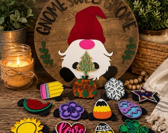 Personalized Interchangeable Gnome Sign, Seasonal Gnome Door Hanger, Wooden Welcome Sign, Gnome Sweet Gnome, Interchangeable Home Sign
