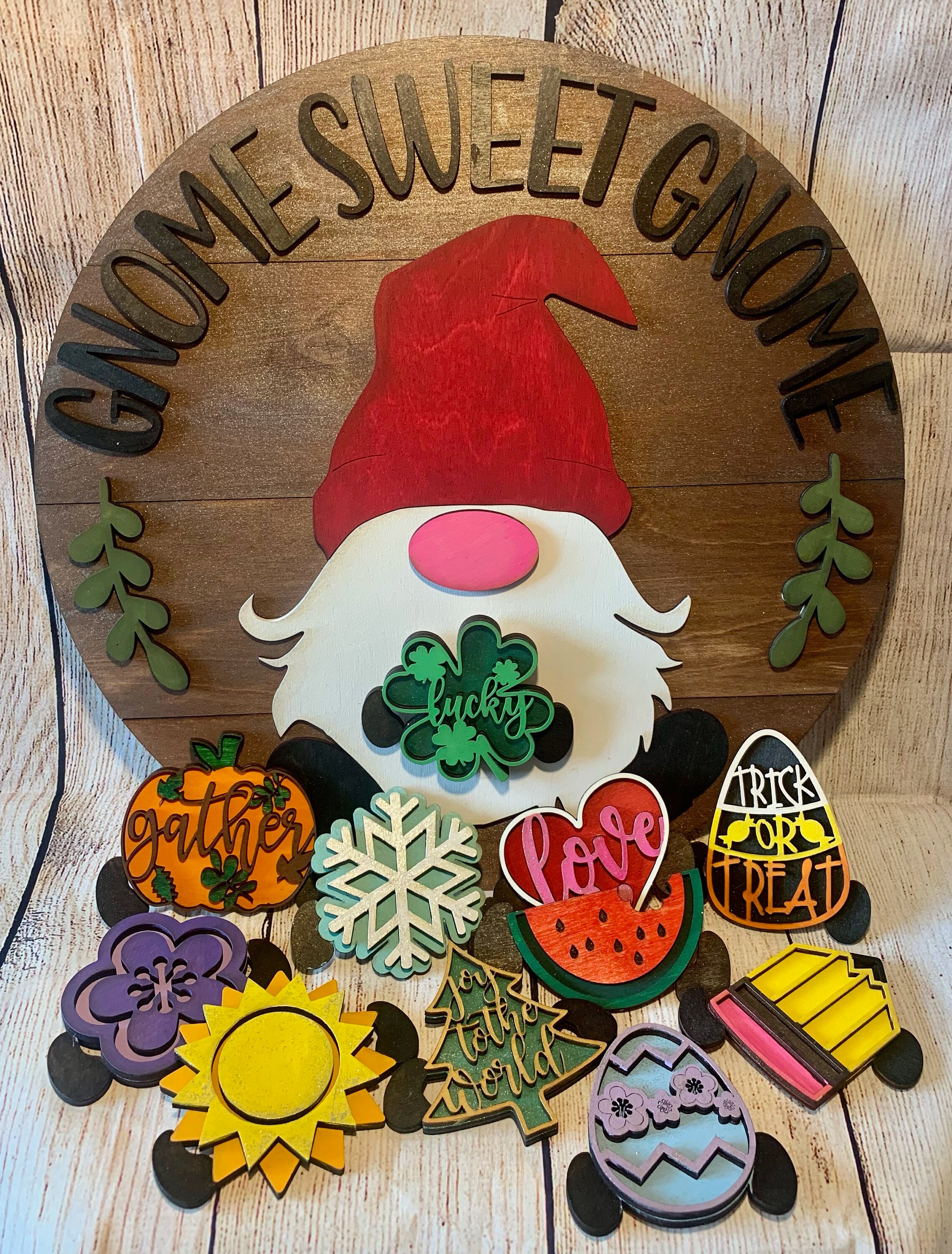 Interchangeable Customizable Boy Gnome Wood Sign - 12 Swappable Piece…