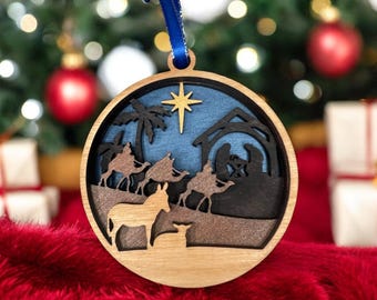 Three Wise Men Nativity Ornament | Wooden Christian Christmas Ornament | Bethlehem Star Manger Scene | Religious Holiday Gift Keepsake