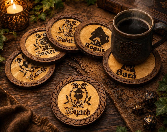 Personalized DND Coasters Set with Gift Box, Custom RPG Tabletop Gamer Coasters, Dungeon Master Gift, Fantasy Game Night Decor, Nerd Gift