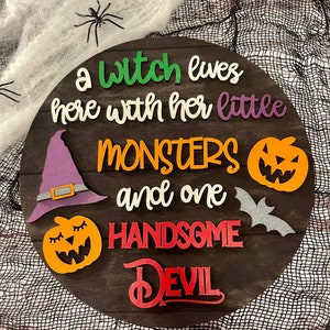 Znak Halloween, Znak Wiedźm i Potworów, Znak Przystojny Diabeł, Kapelusz Wiedźmy, Dynie Jack O’Lantern, Nietoperze, Zawieszka na Drzwi Halloween, Znak Jesienny