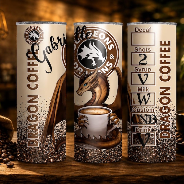 Personalized DND Tumbler 20oz, Dragon Coffee Cup, Custom Dungeons and Dragons Travel Mug, RPG Coffee Lover Gift, Fantasy Gamer Tumbler