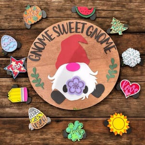 Interchangeable Gnome Sign • Gnome Sweet Gnome Door Hanger • Seasonal Gnome Attachments • Front Porch Decor • Holiday Wood Sign Set