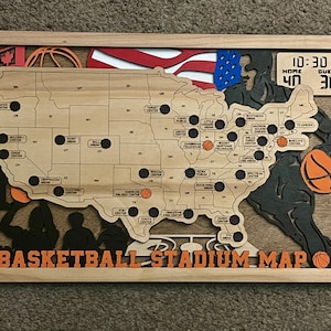 Holz Basketball-Stadion-Tracker-Karte, Sportreisekarte, professioneller Basketball, NBA-Erinnerungsstücke, Geschenk für Basketball-Fan, individuelles Geschenk