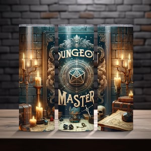 May include: A tumbler with a fantasy theme, featuring the words "DUNGEON MASTER" in a decorative font. The design includes a D&D dice symbol, candles, maps, and a skull, all set against a dark, brick-like background.