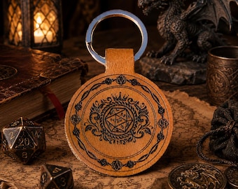 Custom DND Leather Keychain, Personalized Dungeons and Dragons Gift, RPG Dice Keyring, Dungeon Master Gift, D&D Accessory, D20 Leather Charm