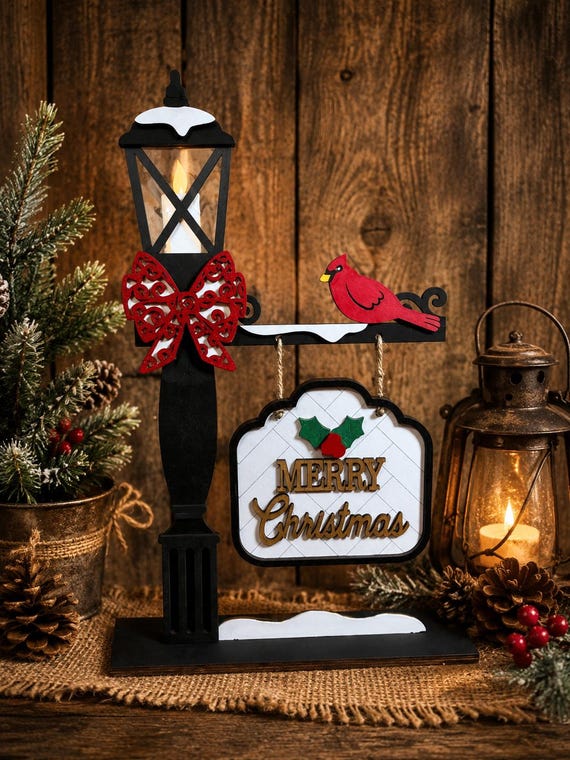 Hölzernes Weihnachtslaternen-Posten-Zeichen, rustikales Kardinal-Feiertags-Dekor, Bauernhaus-frohes Weihnachten-Tischplatten-Zeichen, Winter-Laternen-Regal-Dekor