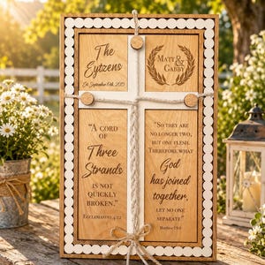 Cord of Three Strands Unity Wedding Ceremony Sign, Trinity Braid, Rustic Rope Cross, Personalized Ecclesiastes 4:12, Engraved Anniversary