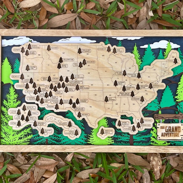National Park Map, US National Parks, Forest Version, Gift For Hiker, Bucket List, AdventureMap, Family Road Trip Tracker, Wooden Wall Art