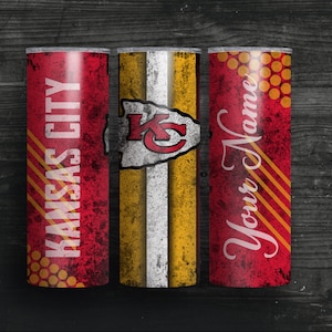 May include: Three stainless steel tumblers with a distressed red, white, and gold design. The tumblers feature the Kansas City Chiefs logo, the words "Kansas City", and the words "Your Name".