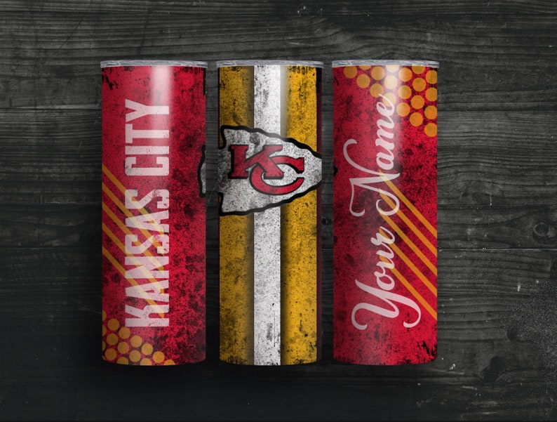 May include: Three stainless steel tumblers with a distressed red, white, and gold design. The tumblers feature the Kansas City Chiefs logo, the words "Kansas City", and the words "Your Name".