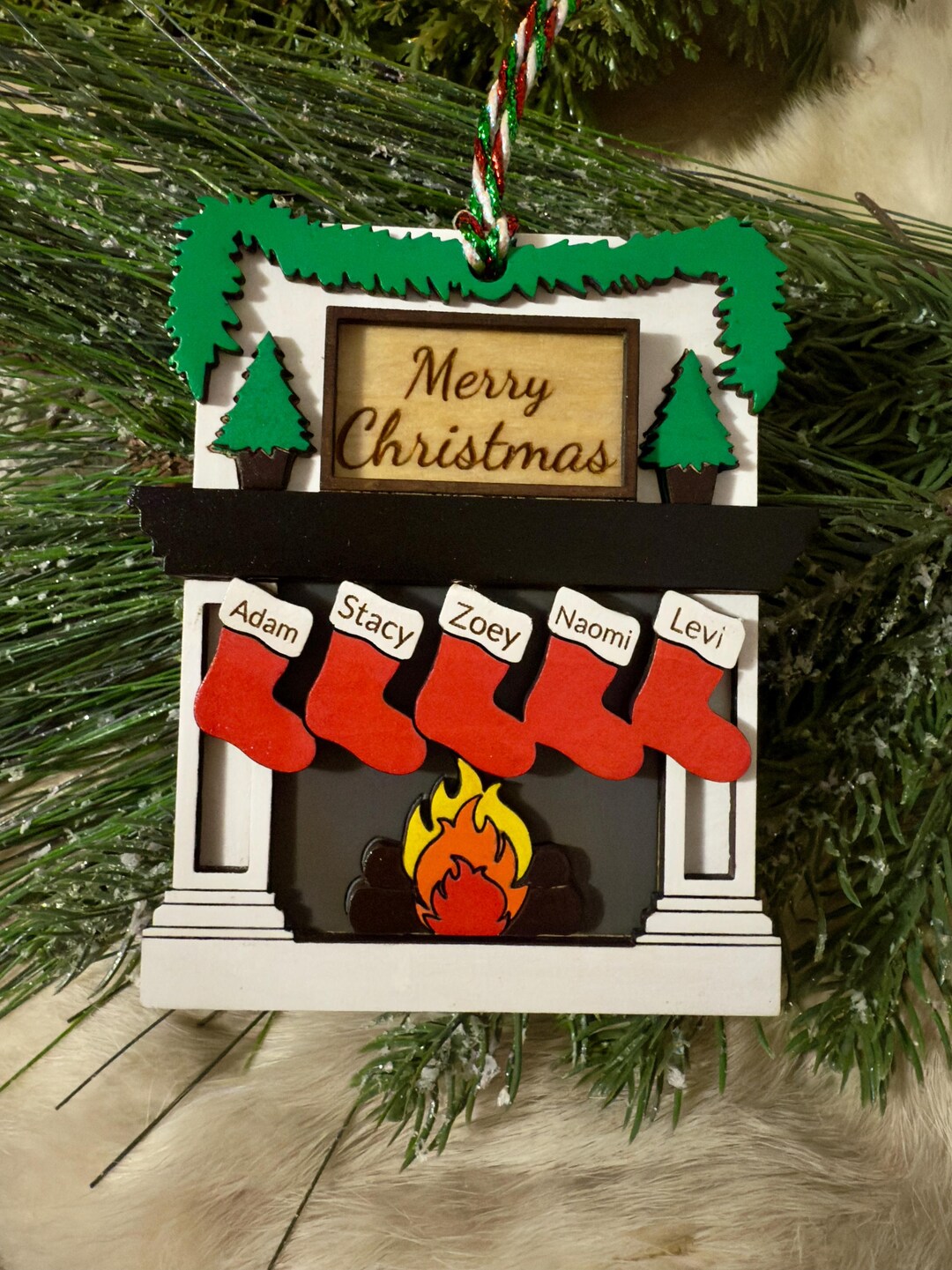 Christmas Fireplace Ornament, Fireplace Stocking Ornament, Personalized